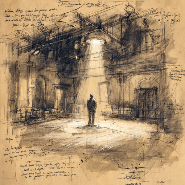 Director's notebook sketch — lone figure on stage under spotlight