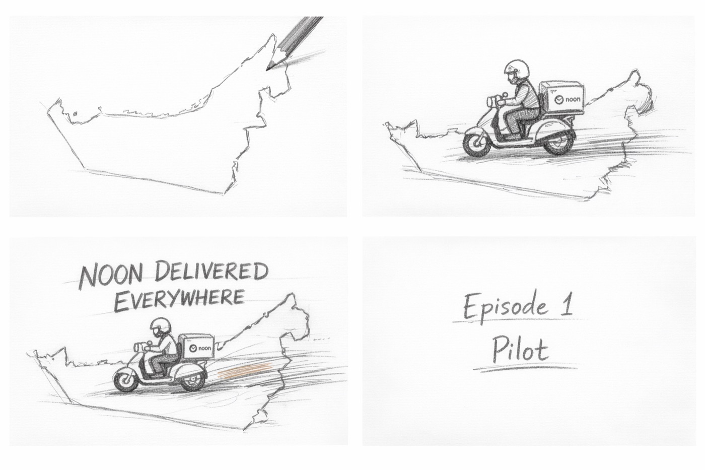 Noon Everywhere storyboard, hand-drawn frames showing UAE map and delivery rider concept