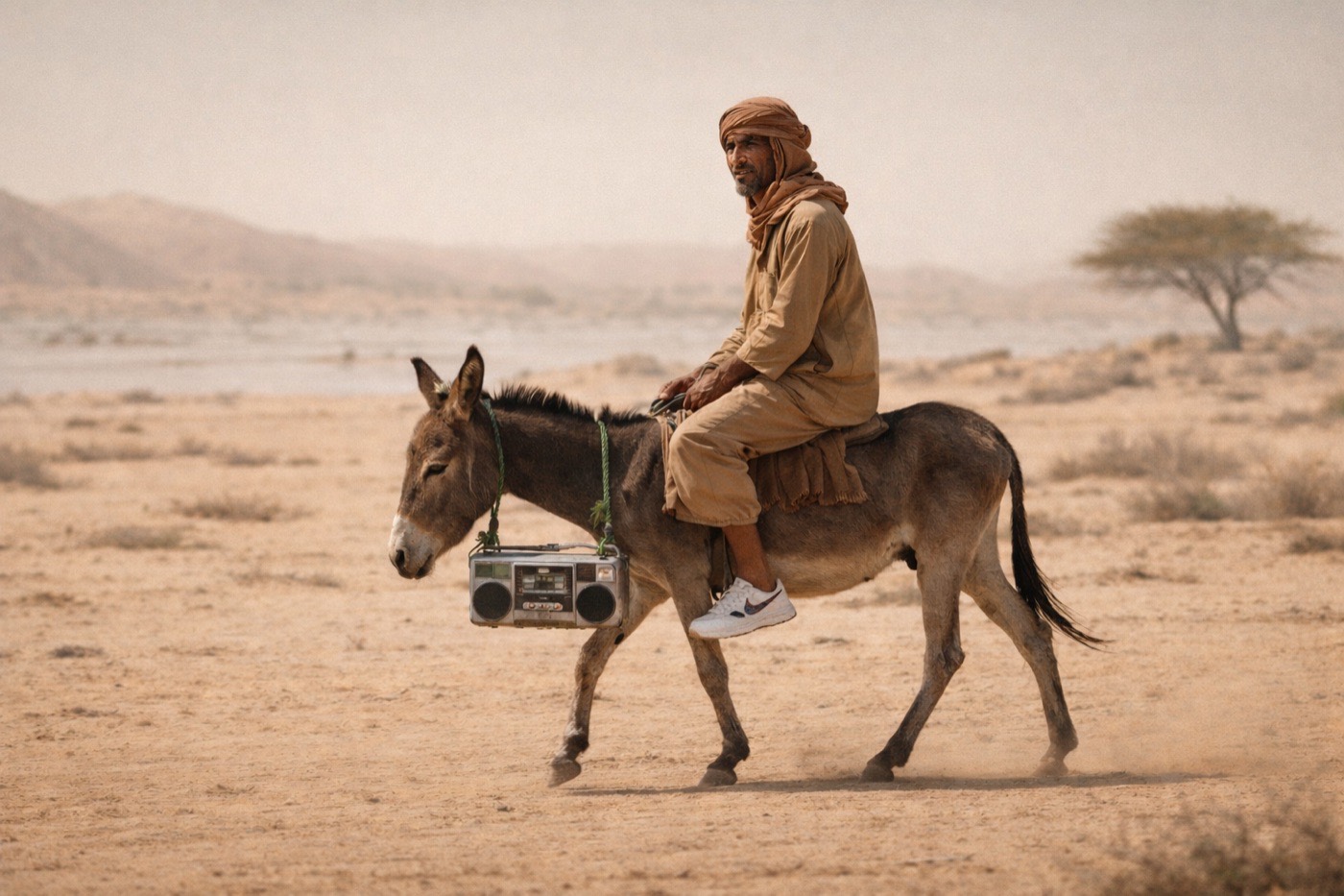 Noon concept, man on donkey with boombox in Arabian desert, side profile