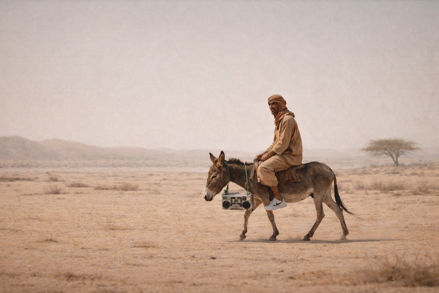 Noon concept, alternate angle of donkey rider in desert landscape