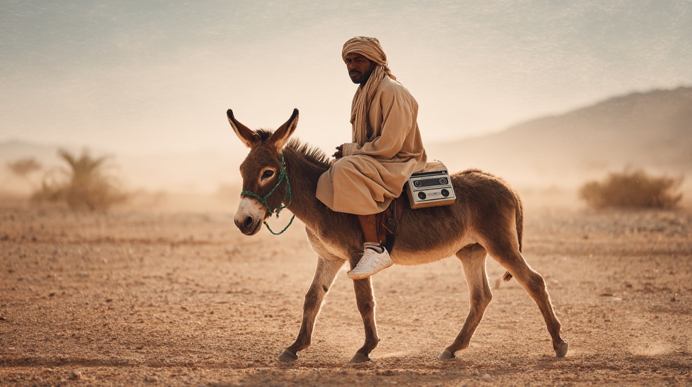 Noon concept, wide desert establishing shot with approaching figure