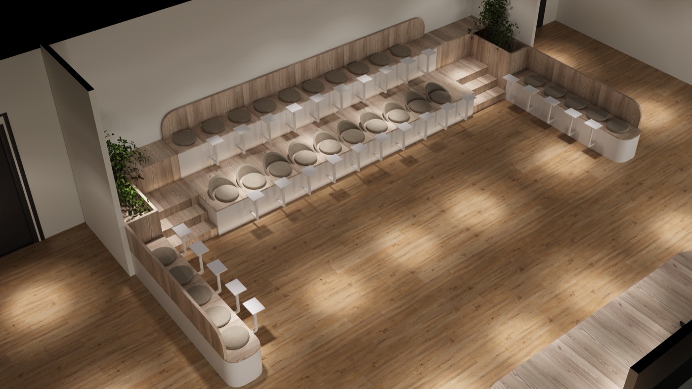 SINF 2025 concept render, U-shaped forum seating with warm wood tones and integrated greenery